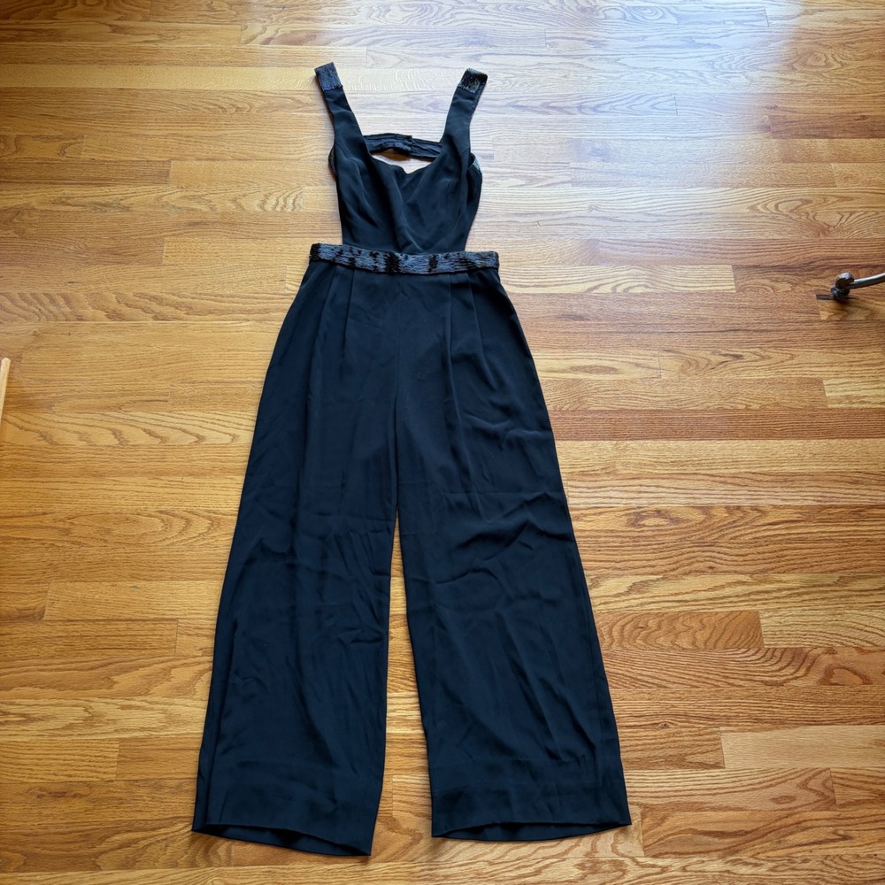 Cache Black Beaded Wide Leg Jumpsuit Sz XS Open Back Evening Formal Prom Vintage